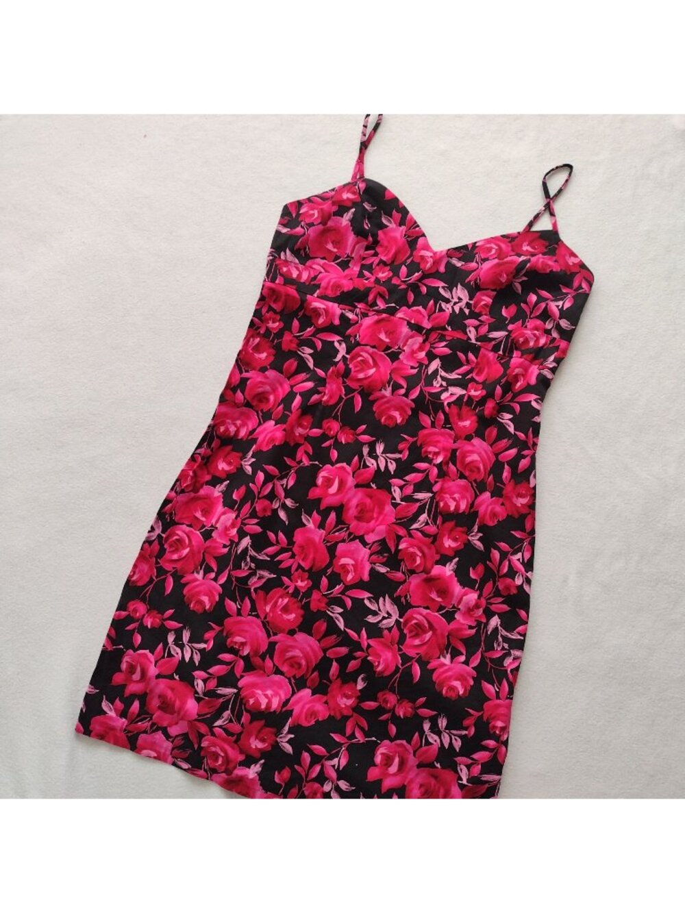 Vtg Y2K Alyn Paige Pink Black Floral Bodycon Dress 11/12 L Sexy Mini